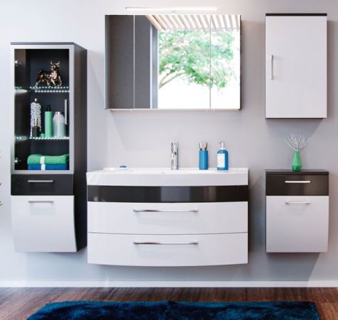 Badezimmer Badmöbel Set "Rima" in anthrazit und weiß Hochglanz 7-teilig inkl. Waschbecken und LED 210 x 190 cm
