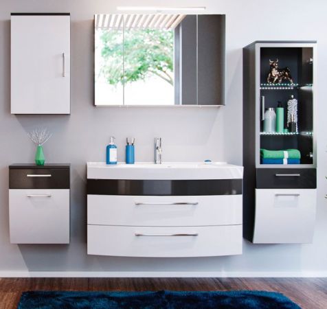 Badezimmer Badmöbel Set "Rima" in anthrazit und weiß Hochglanz 7-teilig inkl. Waschbecken und LED 210 x 190 cm