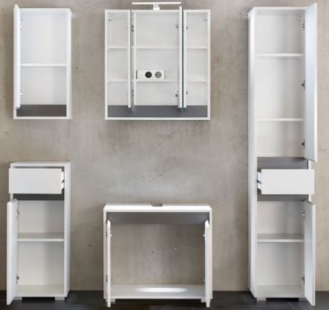 Badezimmer Badmöbel Set "SOL" in weiß Hochglanz Lack und grau Badkombination 5-teilig 177 x 191 cm