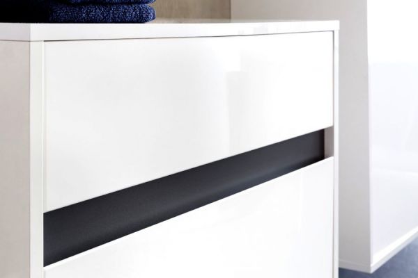 Badezimmer Badmöbel Set "SOL" in weiß Hochglanz Lack und grau Badkombination 5-teilig 177 x 192 cm