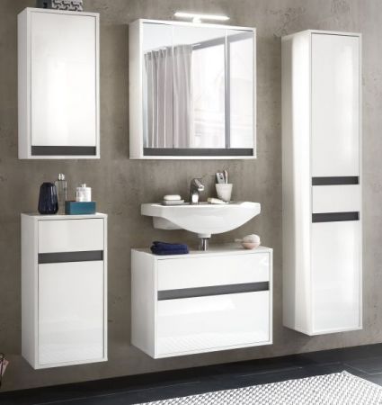 Badezimmer Hochschrank "SOL" in weiß Hochglanz lackiert und grau Badschrank hängend 35 x 172 cm