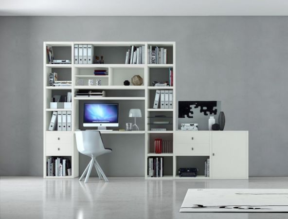 Bürowand "MDor" in weiß matt lackiert und Eiche Natur mit Einbauschreibtisch 304 x 222 cm