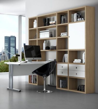 Bürowand "MDor" in Eiche Natur Dekor und weiß matt lackiert Büromöbel Set 2-teilig 244 x 222 cm