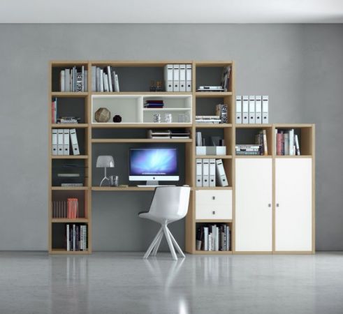 Bürowand "MDor" in Eiche Natur Dekor und weiß matt lackiert Büromöbel Set 2-teilig 244 x 222 cm