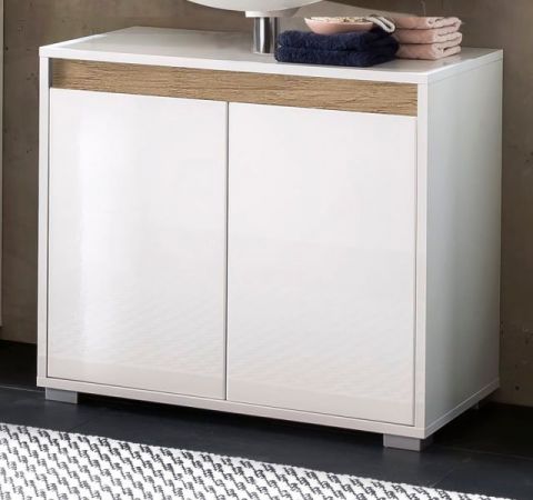 Badezimmer Waschbeckenunterschrank SOL in weiß Hochglanz lackiert und Eiche Dekor Badschrank 67 x 60 cm