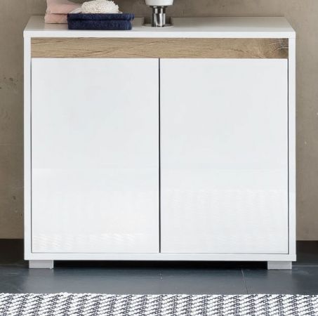 Badezimmer Waschbeckenunterschrank "SOL" in weiß Hochglanz lackiert und Eiche Dekor Badschrank 67 x 60 cm