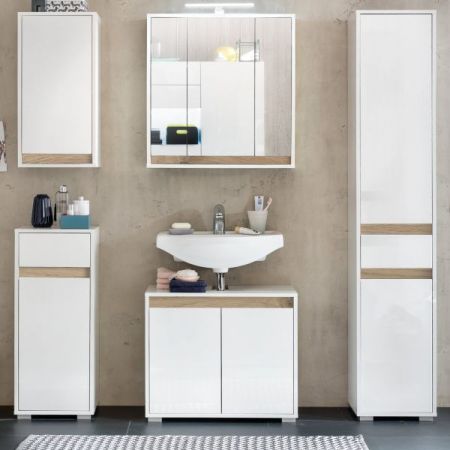Badezimmer Hochschrank "SOL" in weiß Hochglanz lackiert und Alteiche Badschrank 35 x 191 cm