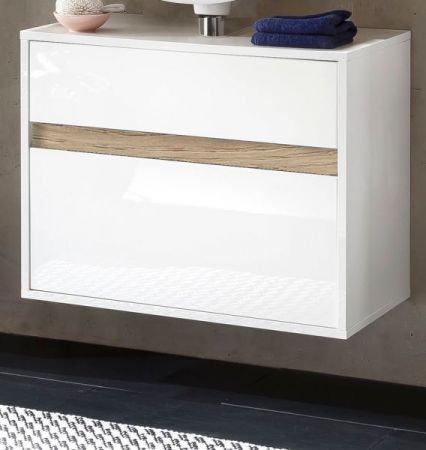 Badezimmer Waschbeckenunterschrank SOL in weiß Hochglanz lackiert und Eiche Dekor Badschrank hängend 67 x 52 cm