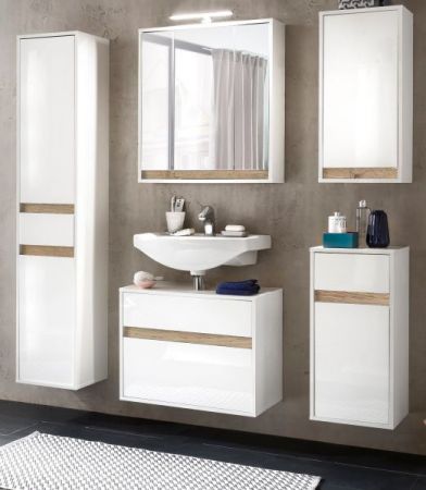 Badezimmer Waschbeckenunterschrank "SOL" in weiß Hochglanz lackiert und Eiche Dekor Badschrank hängend 67 x 52 cm