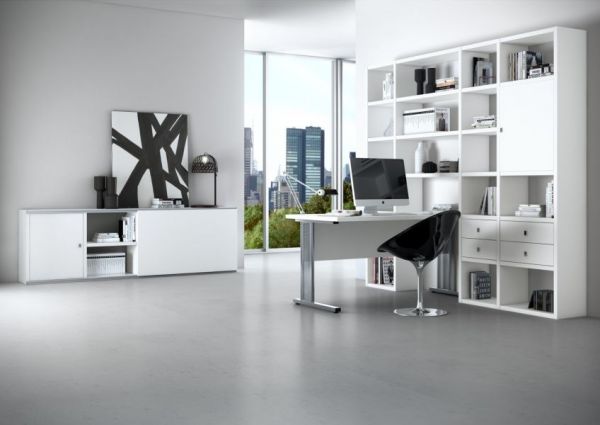 Büro / Homeoffice Sideboard "MDor" in weiß matt lackiert und Eiche Natur Dekor 241 x 76 cm