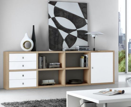 Büro / Homeoffice Sideboard MDor in weiß matt lackiert und Eiche Natur Dekor 241 x 76 cm