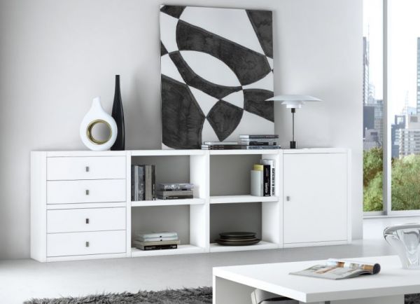 Büro / Homeoffice Sideboard "MDor" in weiß matt lackiert und Eiche Natur Dekor 241 x 76 cm