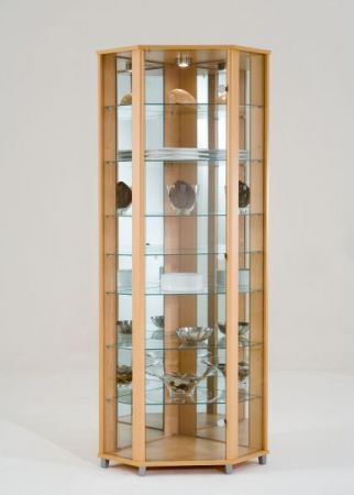 Eckvitrine in Silber mit Spiegelrückwand und LED Beleuchtung Glasvitrine 71 x 172 cm