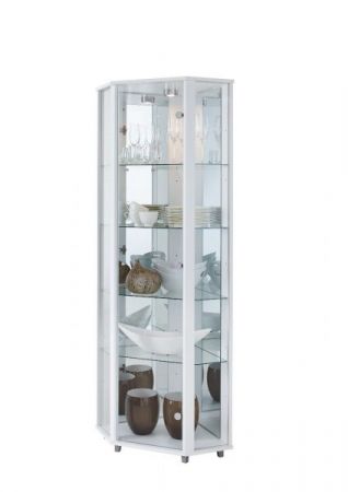 Eckvitrine in weiß 1-türig mit Spiegelrückwand und LED Glasvitrine 71 x 172 cm