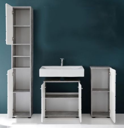 Badezimmer Badmöbel Set "Nano" in weiß Hochglanz und Stone Design grau Badkombination 3-teilig 154 x 182 cm