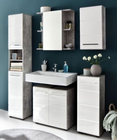 Badezimmer Unterschrank "Nano" in weiß Hochglanz und Stone Design grau Badschrank 32 x 82 cm