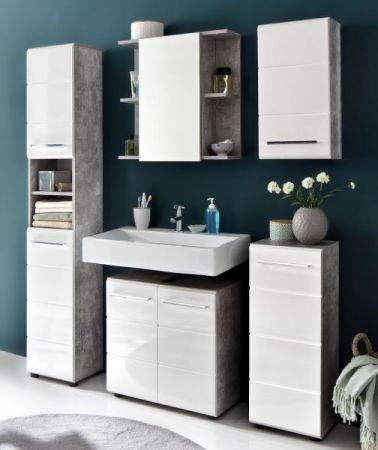 Badezimmer Unterschrank Nano in wei Hochglanz und Stone Design grau Badschrank 32 x 82 cm