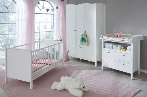 Babyzimmer Ole komplett Set 3-teilig weiß mit Wickelkommode Babybett und XXL Kleiderschrank