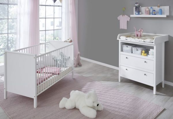 Babyzimmer "Ole" in weiß 3-teilig mit Wickelkommode Babybett und Wandregal