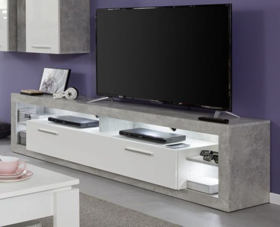 TV-Lowboard Rock in weiß Hochglanz und Stone Design grau Fernsehtisch Breite 200 cm