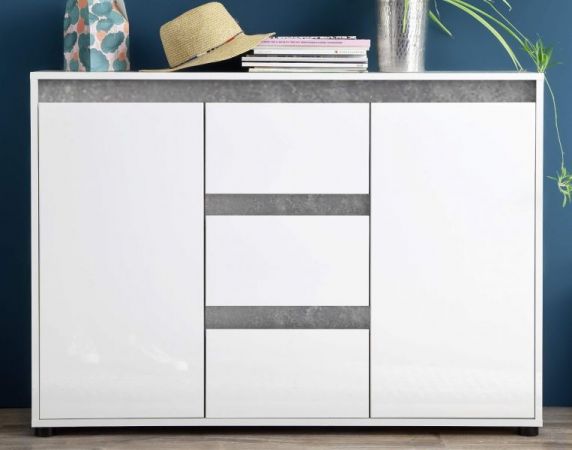 Sideboard Anrichte Sol in Lack weiß Hochglanz und Stone Dekor Kommode 119 x 84 cm Beton grau