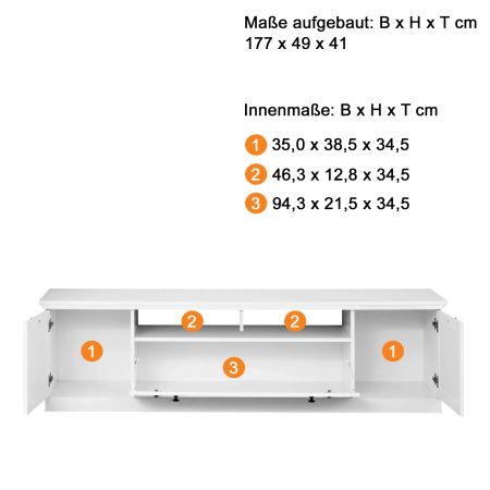 TV-Lowboard Milla in wei� matt, Landhausstil, 177 x 49 cm