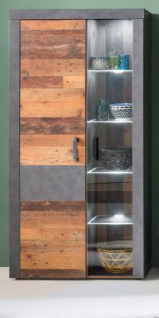 Vitrinenschrank Indy in Old Used Wood Design mit Matera grau Vitrine Shabby 87 x 189 cm inkl. Beleuchtung