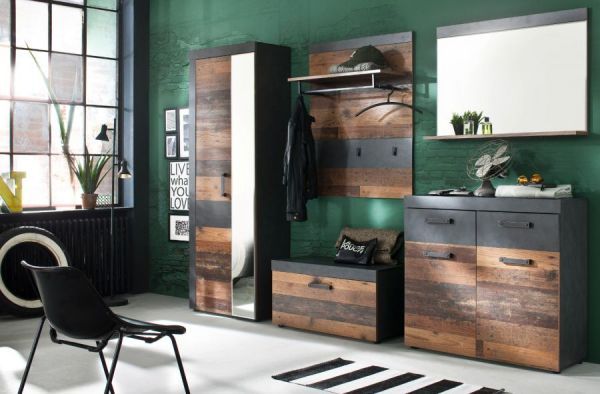 Garderobe "Indy" 2-teilig in Used Wood Shabby mit Matera grau 90 x 192 cm mit Schuhschrank und Spiegel