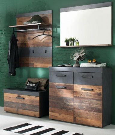 Garderobe Sitzbank Indy in Used Wood Shabby mit Matera grau Schuhbank 80 x 45 cm
