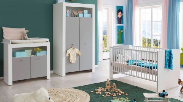 Babyzimmer "Wilson" in weiß und grau 3-teilig mit Wickelkommode Babybett und Kleiderschrank