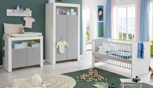 Babyzimmer "Wilson" in weiß und grau 5-teilig mit Wickelkommode Babybett Kleiderschrank und 2 Regale