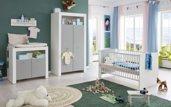 Babyzimmer "Wilson" in weiß und grau 5-teilig mit Wickelkommode Babybett Kleiderschrank und 2 Regale