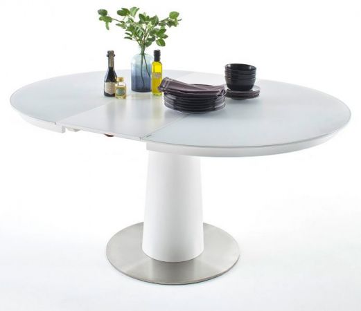 Esstisch Waris in matt weiß echt Lack Säulentisch rund mit Synchronauszug ausziehbar 120 / 160 cm Durchmesser