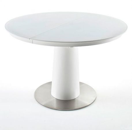 Esstisch Waris in matt weiß echt Lack Säulentisch rund mit Synchronauszug ausziehbar 120 / 160 cm Durchmesser