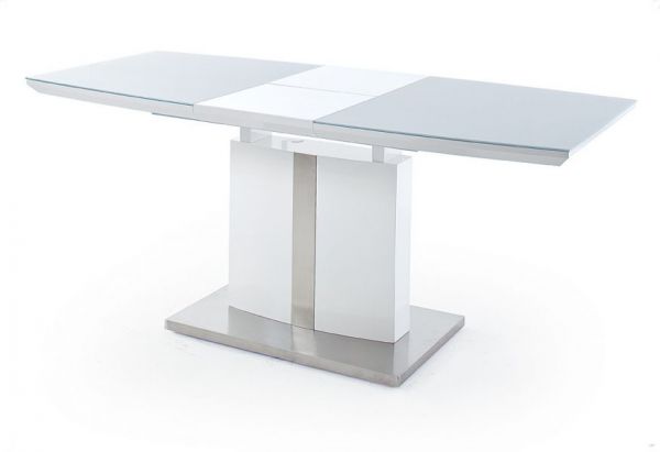 Esstisch Najuma in Hochglanz weiß echt Lack Säulentisch ausziehbar Bootsform 140 / 180 x 80 cm mit Synchronauszug