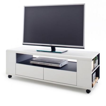 TV-Lowboard Chessey in weiß matt mit Anthrazit Fernsehtisch auf Rollen 119 x 46 cm