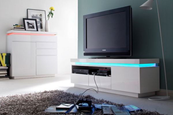 TV-Lowboard Ocean in Hochglanz weiß echt Lack TV-Unterteil inkl. LED Beleuchtung mit Farbwechsel 175 x 49 cm