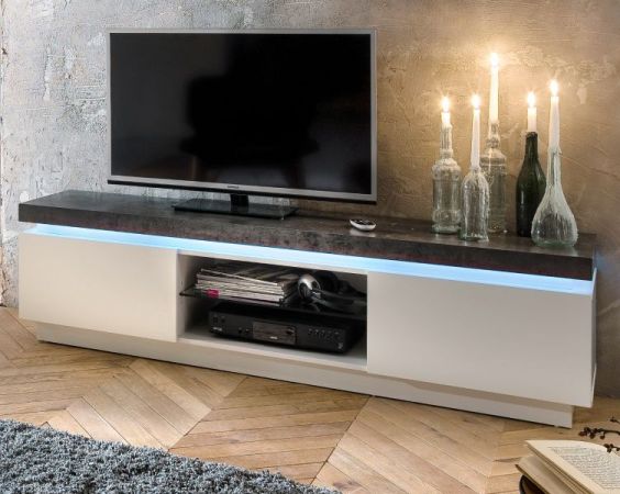 TV-Lowboard Atlanta in matt wei echt Lack mit Stone Design Fernsehtisch inkl. dimmbarer LED Beleuchtung 175 x 48 cm