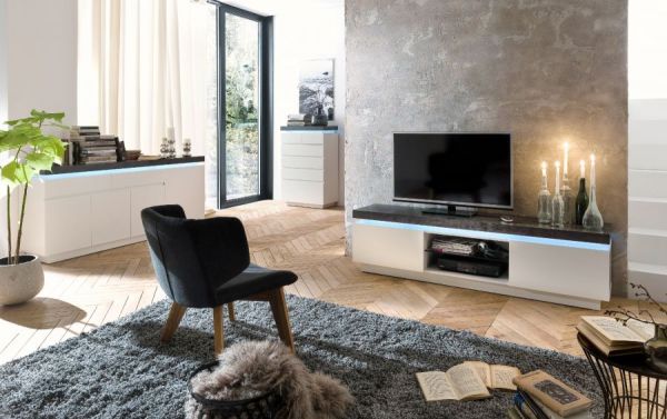 TV-Lowboard Atlanta in matt wei echt Lack mit Stone Design Fernsehtisch inkl. dimmbarer LED Beleuchtung 175 x 48 cm