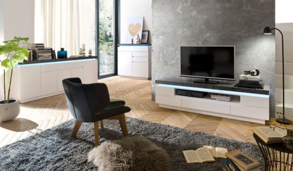 Highboard Atlanta in matt wei echt Lack mit Stone Design inkl. dimmbarer LED Beleuchtung 120 x 113 cm