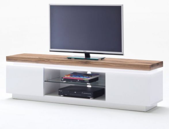 TV-Lowboard Romina in matt wei echt Lack mit Eiche massiv Fernsehtisch inkl. dimmbarer LED Beleuchtung 175 x 49 cm