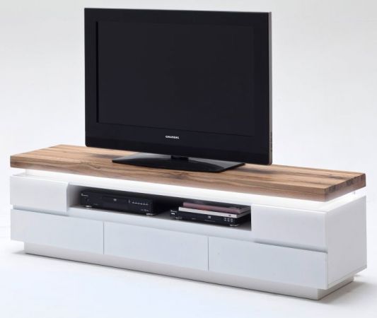 TV-Lowboard Romina in matt wei echt Lack mit Eiche massiv Fernsehtisch inkl. dimmbarer LED Beleuchtung 175 x 49 cm