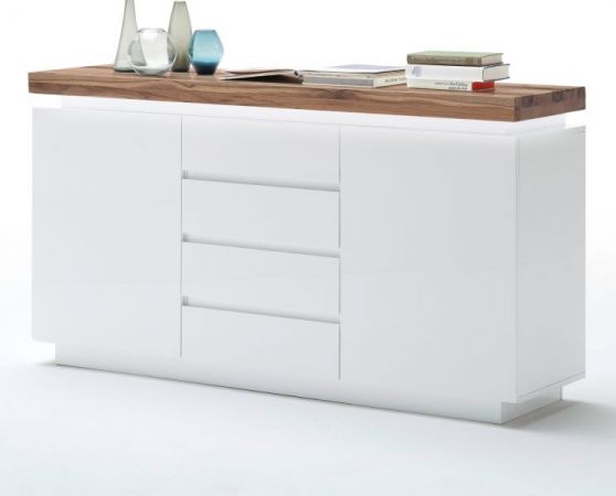 Sideboard Romina in matt wei echt Lack mit Eiche massiv Kommode inkl. dimmbarer LED Beleuchtung 150 x 81 cm