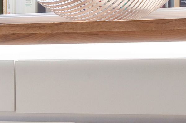 Sideboard Romina in matt wei echt Lack mit Eiche massiv Kommode inkl. dimmbarer LED Beleuchtung 150 x 81 cm