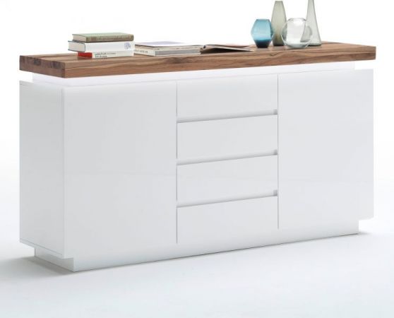 Sideboard Romina in matt wei echt Lack mit Eiche massiv Kommode inkl. dimmbarer LED Beleuchtung 150 x 81 cm