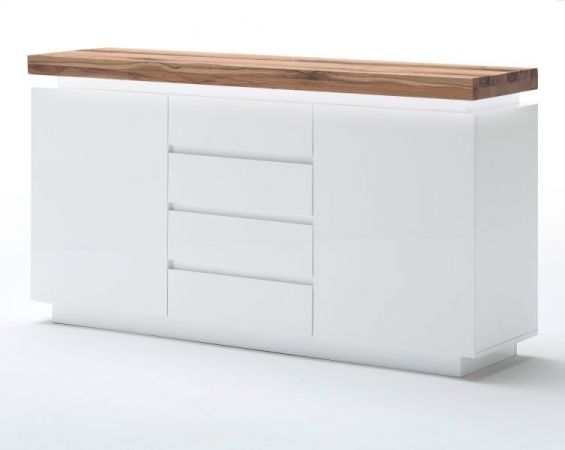 Sideboard Romina in matt wei echt Lack mit Eiche massiv Kommode inkl. dimmbarer LED Beleuchtung 150 x 81 cm