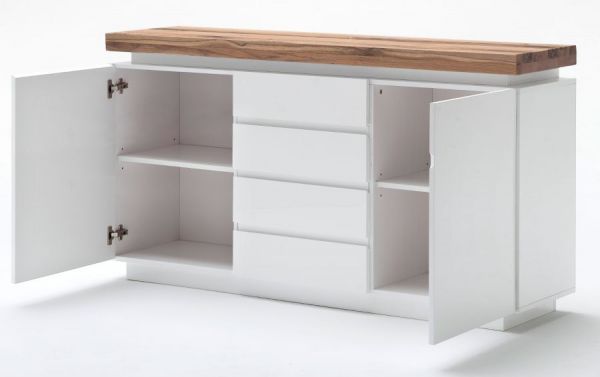 Sideboard Romina in matt wei echt Lack mit Eiche massiv Kommode inkl. dimmbarer LED Beleuchtung 150 x 81 cm