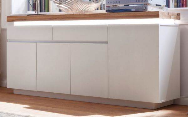 Sideboard Romina in matt wei echt Lack mit Eiche massiv Kommode inkl. dimmbarer LED Beleuchtung 175 x 81 cm