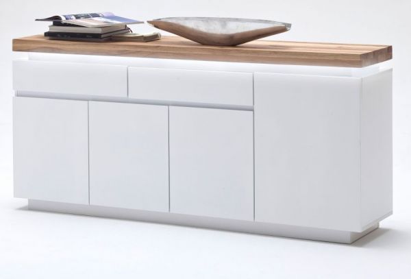 Sideboard Romina in matt wei echt Lack mit Eiche massiv Kommode inkl. dimmbarer LED Beleuchtung 175 x 81 cm