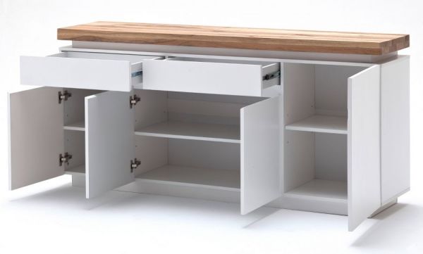 Sideboard Romina in matt wei echt Lack mit Eiche massiv Kommode inkl. dimmbarer LED Beleuchtung 175 x 81 cm